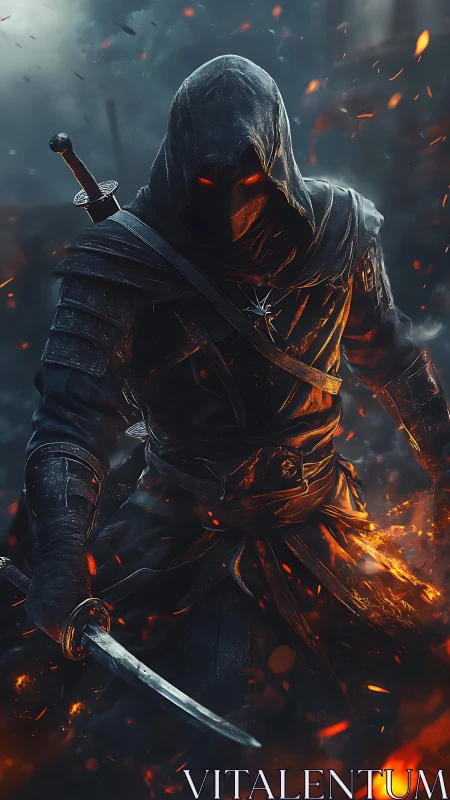 Ember-eyed shadow assassin strides through warlit cinders.