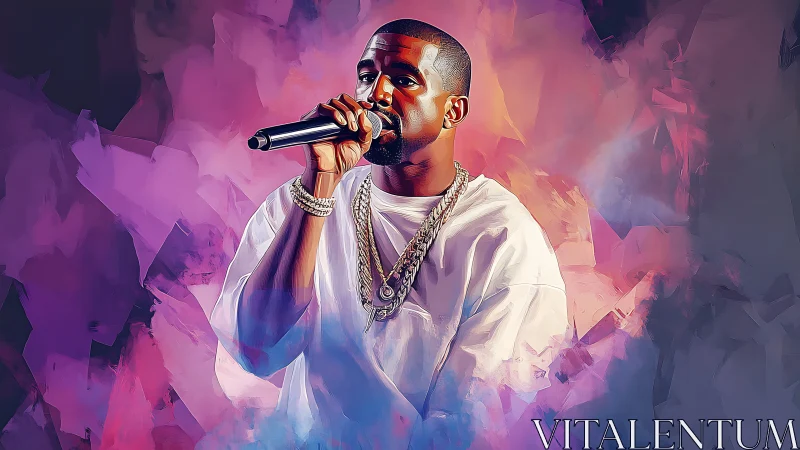 Digital portrait of male rapper holding microphone onstage.