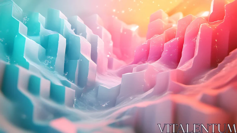 Iridescent 3D gradient landscape with liquid geometry forms.