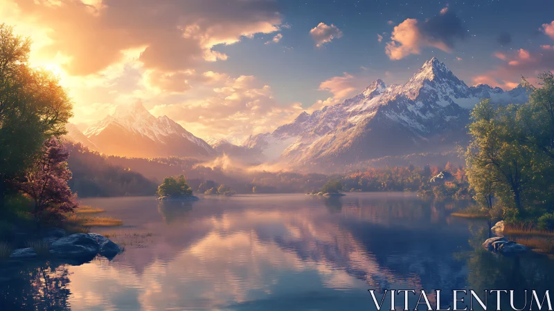 Sunrise spell over mirror lake and whispering mountains.