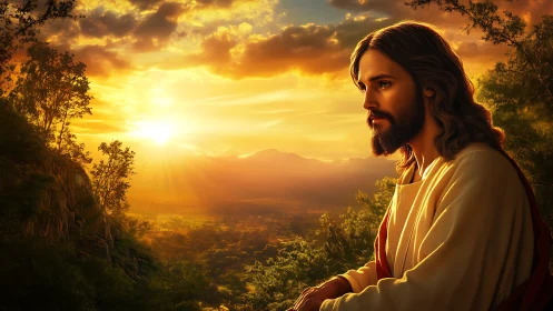 Digital portrait of serene robed man at radiant sunset.