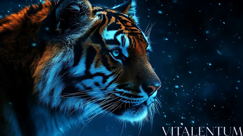 Neon-bathed tiger profile in high-contrast digital painting.