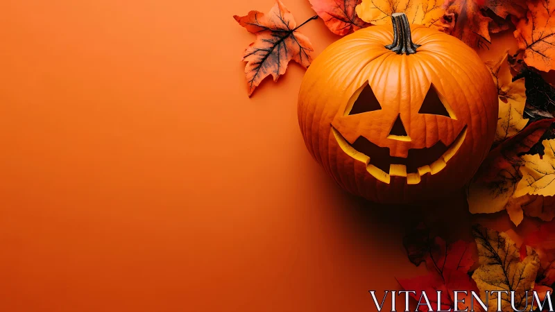 Jack-o&rsquo;-lantern still life on monochrome orange backdrop.