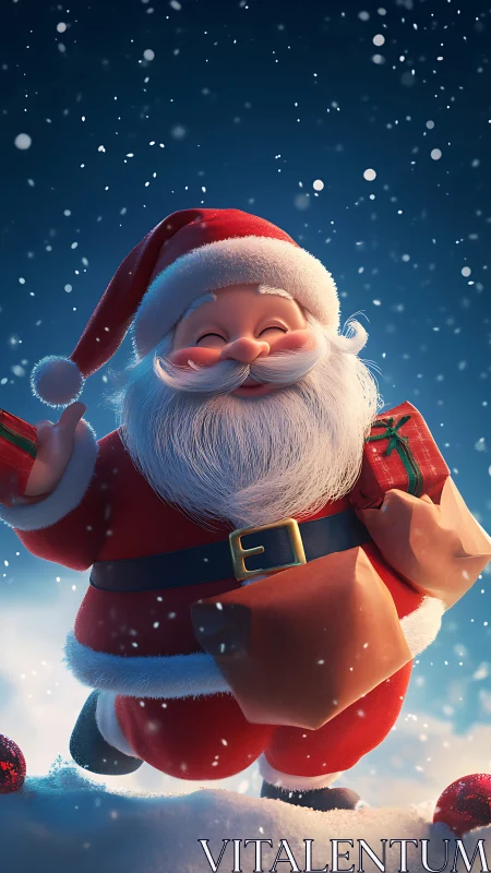 Cartoon Santa Claus carrying gifts in a snowy outdoor scene.