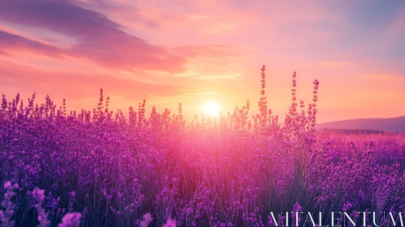 Lavender field glows beneath a vivid pink sunset sky.