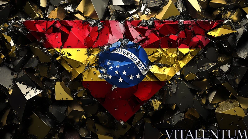 Shattered triangular flag emblem over fractured glass field.