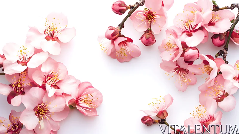 Pink Cherry Blossoms Clustered on Branches Against White