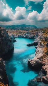 Turquoise coastal inlet winds between rugged sunlit cliffs