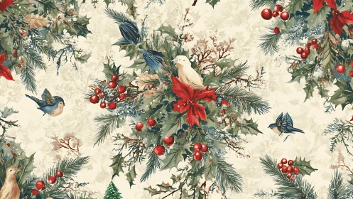 Watercolor holly sprigs with songbirds in repeating layout.