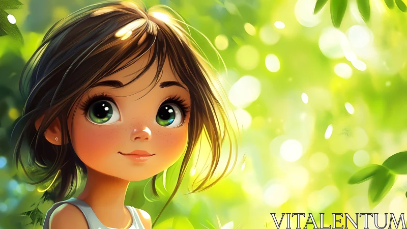 Bright eyed girl exploring a sunlit, magical green garden.