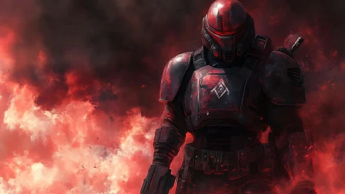 Armored sci-fi soldier advances through burning red smoke.