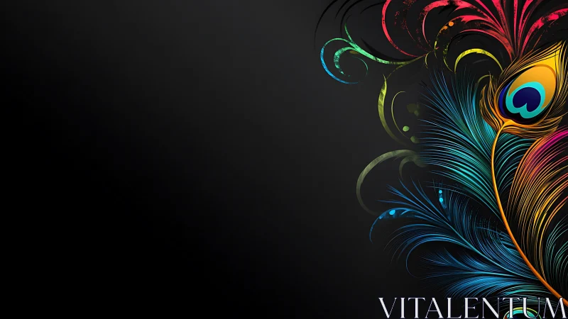 Digital peacock feather motif on dark gradient background.