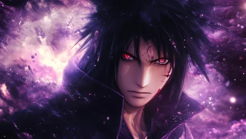 Dark anime warrior with glowing crimson eyes amid chaos.