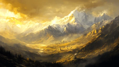 Sunlit valley kingdom beneath storm-kissed alpine crowns.
