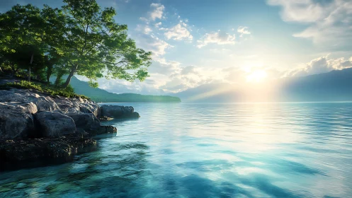 Rocky shoreline meets calm blue lake under bright sunrise
