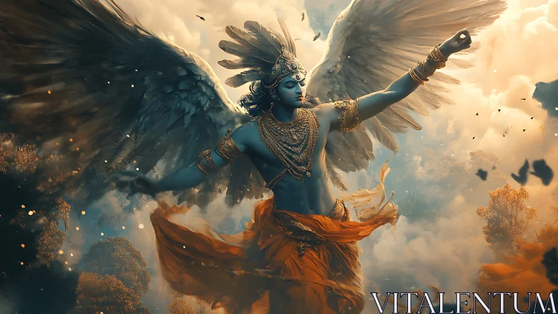 Mythic winged deity in radiant celestial digital painting.