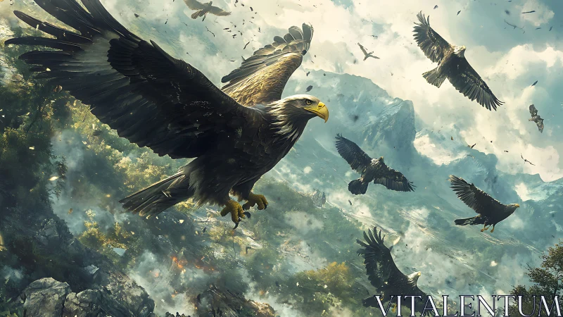 Majestic Eagles Soaring Over Rugged Mountain Landscape, Digital Art.
