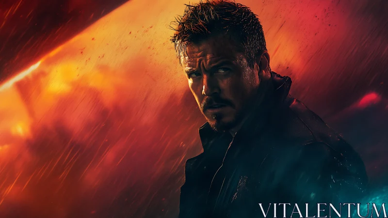 Brooding male portrait in neon rain with cinematic rim lighting