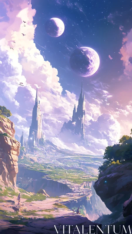 Dual moons above monumental fantasy citadel in luminous sky