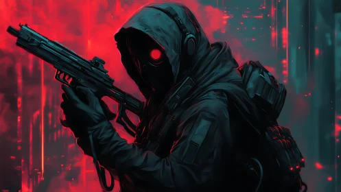 Hooded cybernetic sniper in neon red tactical backlighting.