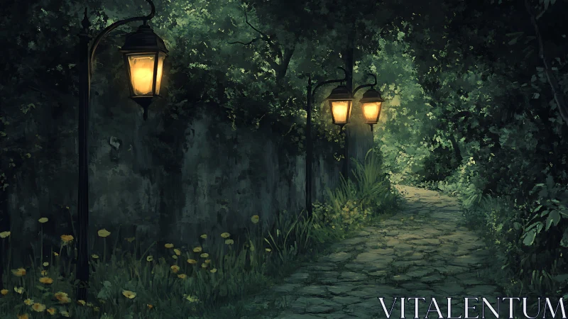 Lantern-lit stone garden path winding through dense greenery.