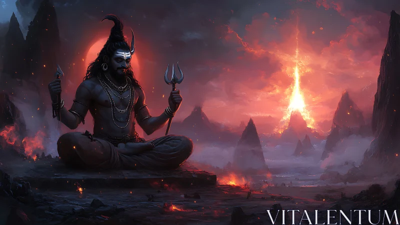 Seated ascetic figure observes volcanic landscape at dusk