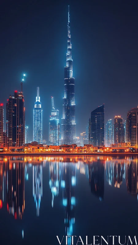 Dubai night skyline reflects in glassy waterfront mirror.