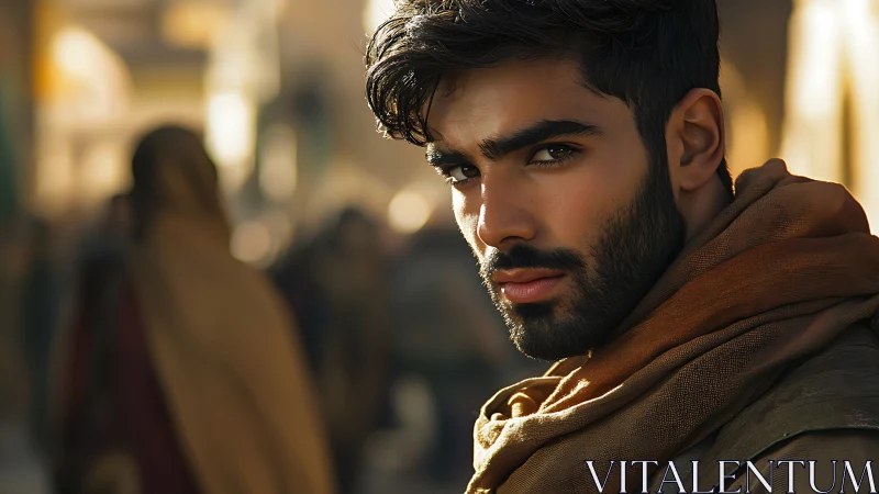 Sunlit gaze of a wanderer in a bustling marketplace.