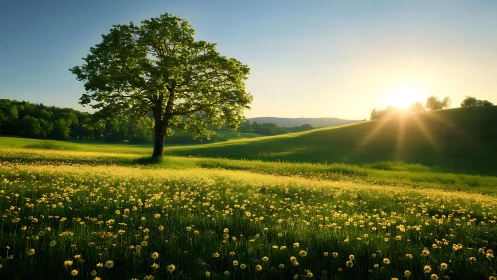 Solitary tree crowns sunlit meadow under golden sunrise.