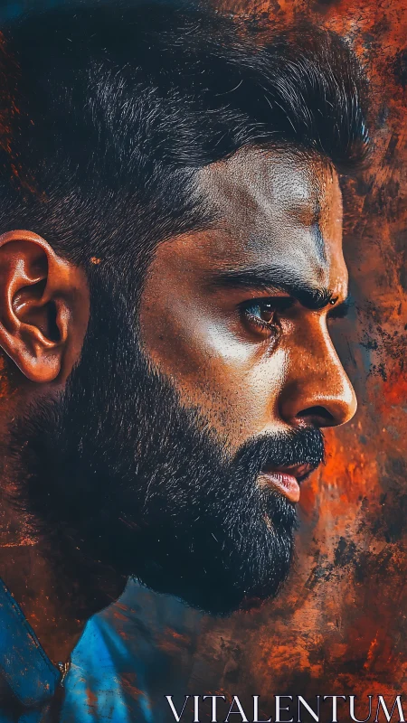 Focused bearded profile against a rich, fiery backdrop.
