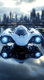 Futuristic hover car glides above neon city at dusk