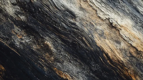 Striated stone surface with dark flowing mineral veins.