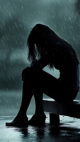 Rain-soaked silhouette cradles quiet sorrow by the shore.