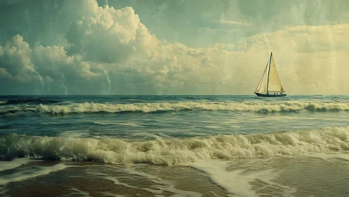 Lonely sailboat drifting beneath brooding teal ocean skies.