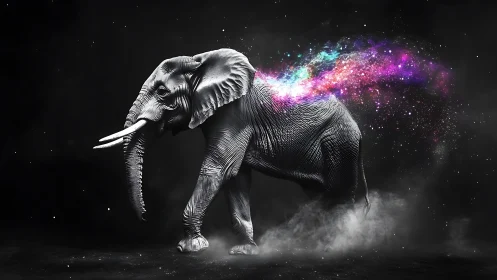 Elephant silhouette with colorful cosmic nebula trail.