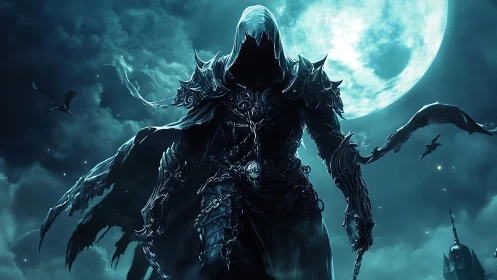 Moonlit Reaper Knight strides beneath a feral, haunted sky.