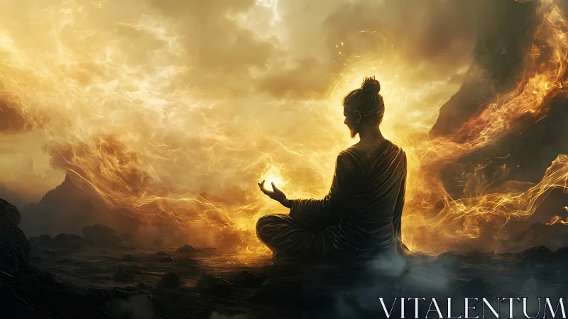 Meditative silhouette encircled by luminous golden firestorm.
