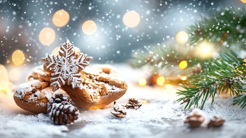 Snow-dusted gingerbread cookies amid glowing festive bokeh.