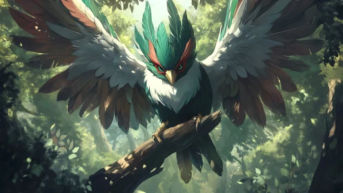 Majestic fantasy bird with vibrant plumage in sunlit forest illustration.