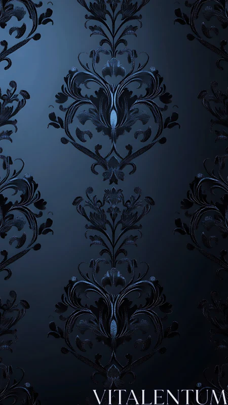 Ornate damask wallpaper in deep blue tonal low-key lighting.
