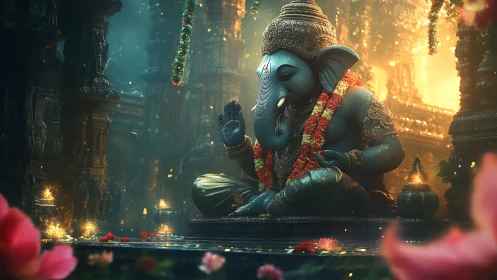 Serene Ganesha statue in ornate golden temple interior.