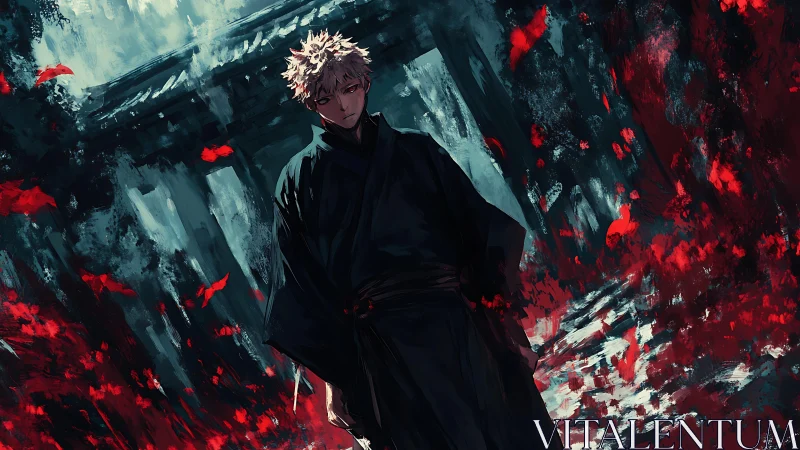 Dark robed figure stands before abstract red and teal field