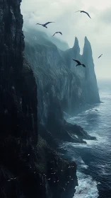 Basaltic Columnar Sea Stacks with Avian Flight Silhouettes.