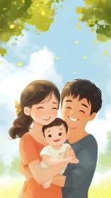 Happy Family with Infant in Sunlit Outdoor Setting.