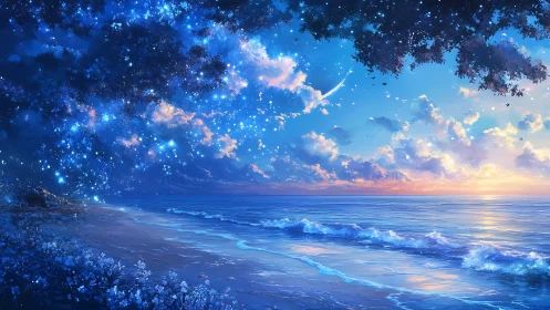 Dreamlike starlit shoreline merges dawn sky and cosmic surf.