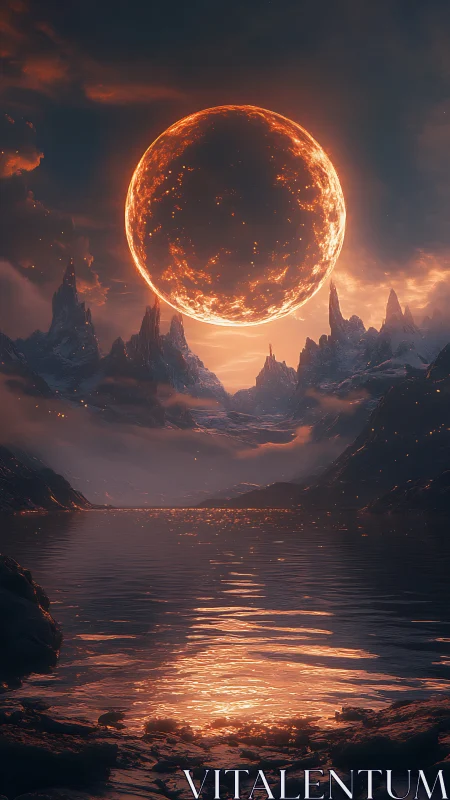 Molten eclipse sphere over jagged alien lakeshore at dusk.