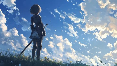 Armored figure with sword under expansive clouded sky.