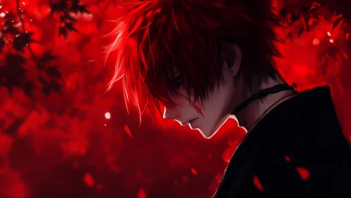 Silent red dusk with a lone, thoughtful anime wanderer.