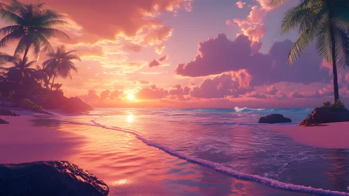 Tropical shoreline glowing under vivid neon sunset sky.