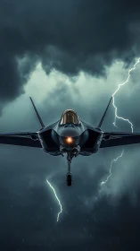 Photorealistic fighter jet front view in storm lighting focus.